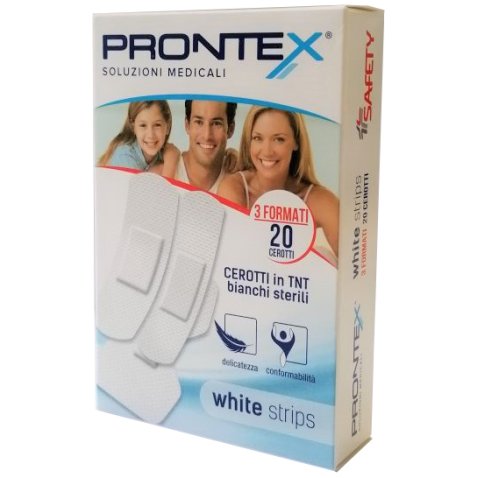 CEROTTO PRONTEX WHITE STRIPS IN TESSUTO NON TESSUTO BIANCO STERILE 3 FORMATI 20 PEZZI CEROTTO PRONTEX WHITE STRIPS IN TESSUTO NON TESSUTO BIANCO STERILE 3 FORMATI 20 PEZZI