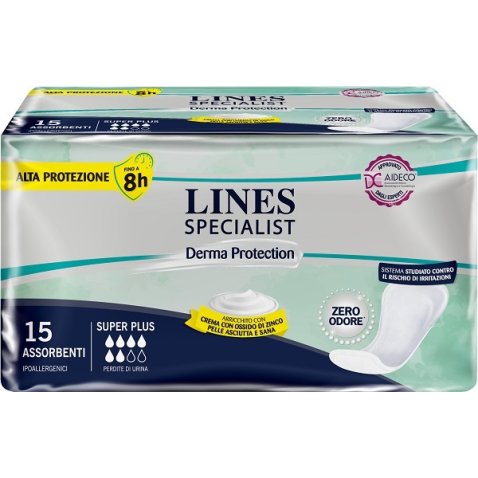 PANNOLONE PER INCONTINENZA LINES SPECIALIST DERMA SAGOMATO ANATOMICO SUPER PLUS 15 PEZZI PANNOLONE PER INCONTINENZA LINES SPECIALIST DERMA SAGOMATO ANATOMICO SUPER PLUS 15 PEZZI