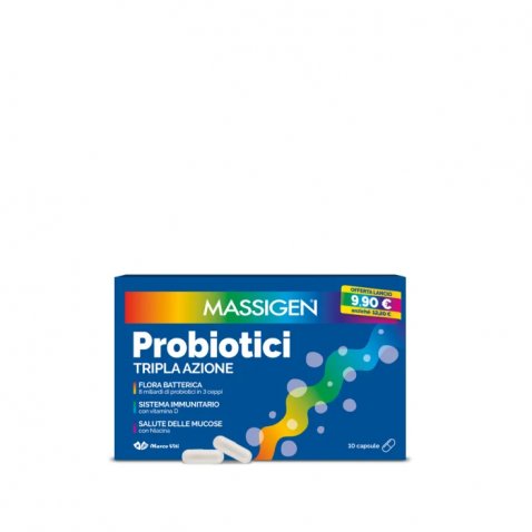 MASSIGEN - PROBIOTICI 10 CAPSULE CON 8 MILIARDI DI PROBIOTICI IN 3 CEPPI CON VITAMINA D E NIACINA. 