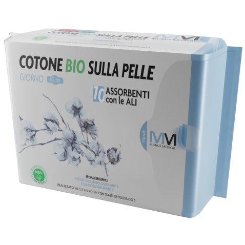 MUNUS MEDICAL ASSORBENTE GIORNO CON ALI COTONE BIO SULLA PELLE 245 MM 10 PEZZI