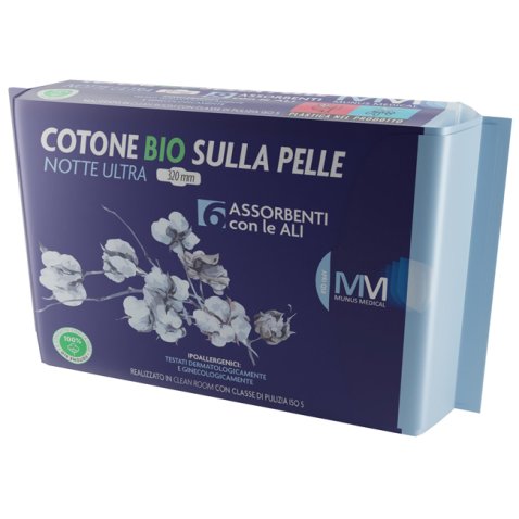 MUNUS MEDICAL ASSORBENTE NOTTE ULTRA CON ALI COTONE BIO SULLA PELLE 320 MM 6 PEZZI