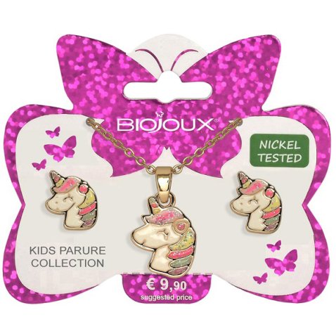 BJS008 PARURE ORECCHINI+COLLANINA SMILING UNICORN GOLD PLATED