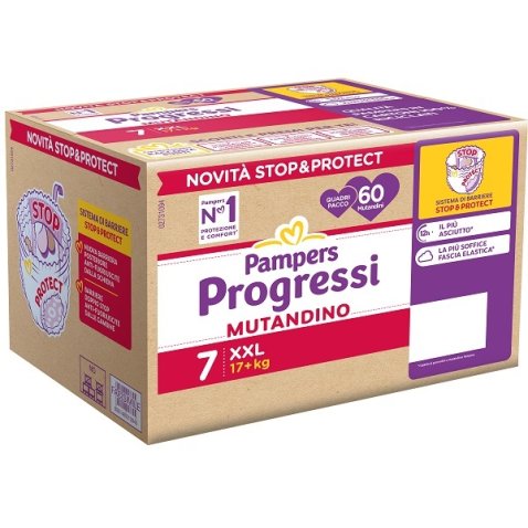 PAMPERS PROGRESSI MUTANDINO XXL TAGLIA 7 17+ KG 60 PEZZI QUADRI PACCO